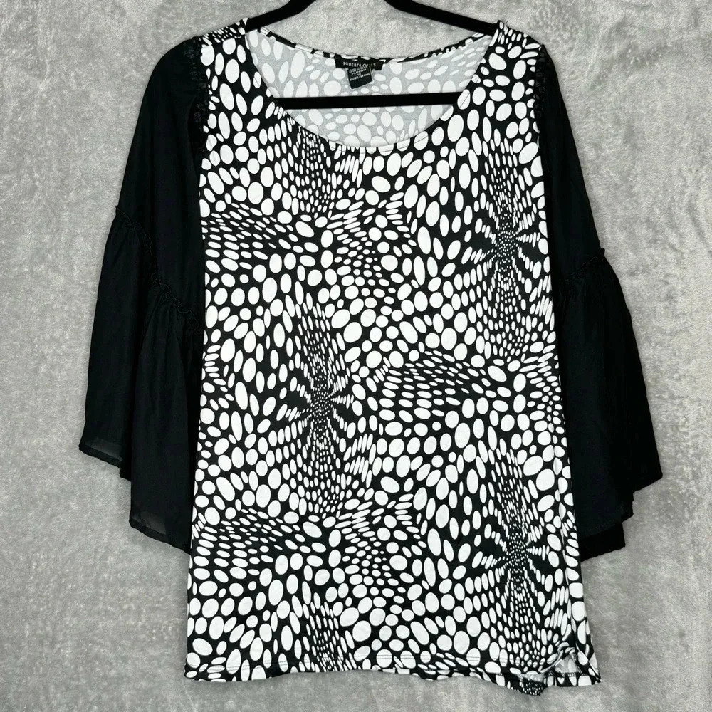 Robert Louis‎ 1X Shirt Top Black White Polka Dot Flared 3/4 Sleeve Round Neck